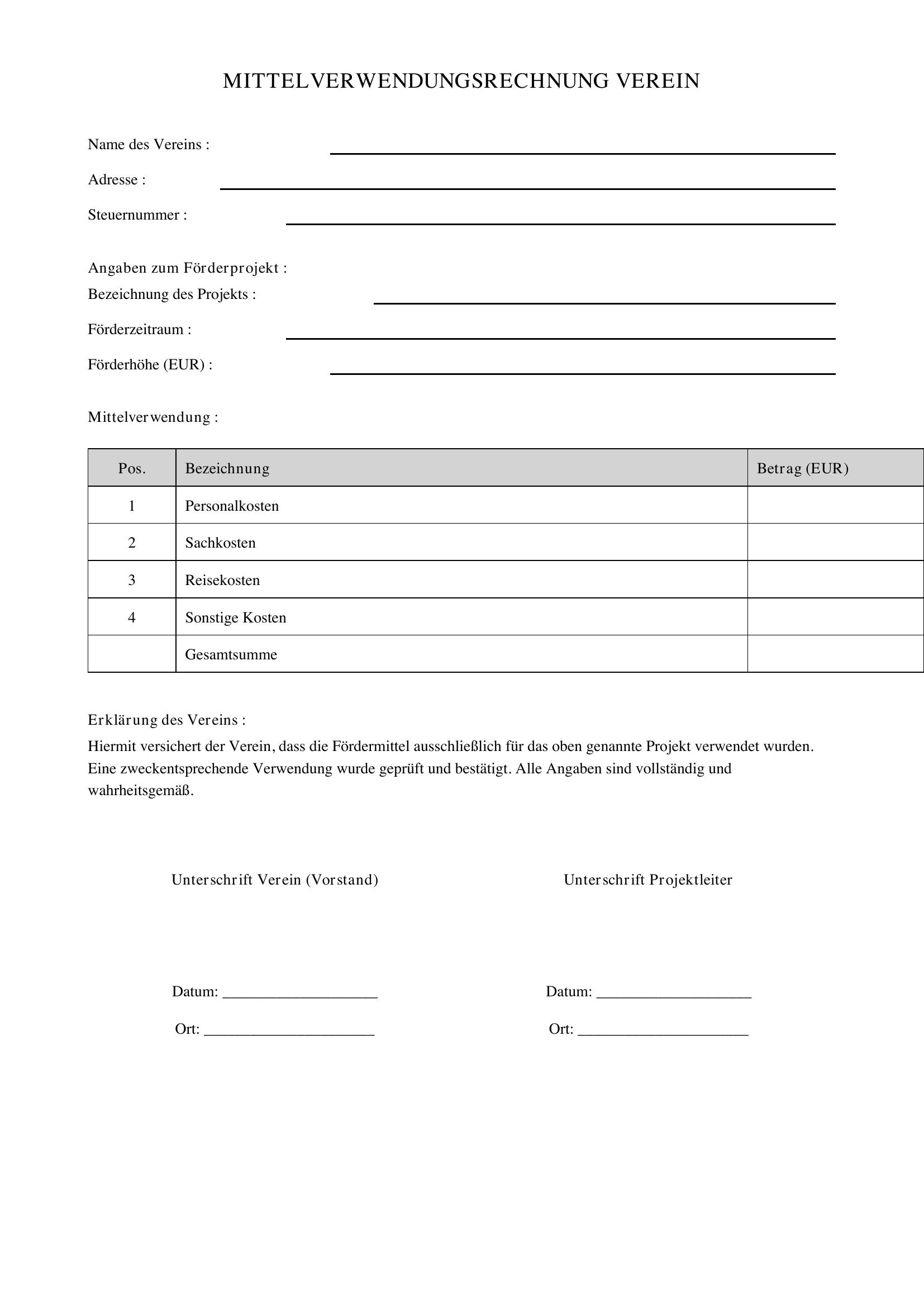 Mittelverwendungsrechnung Verein Vorlage