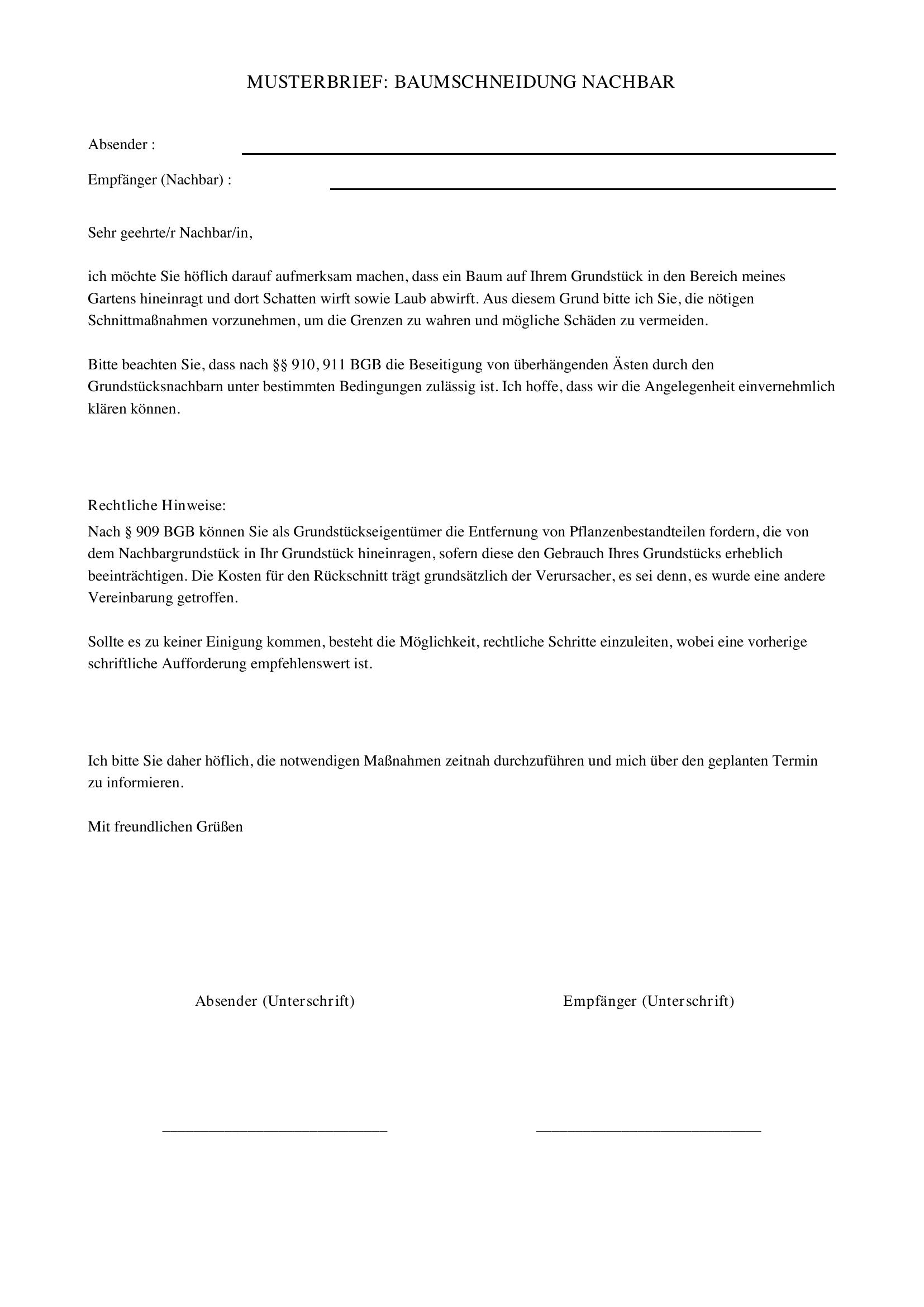 Musterbrief Nachbar Baum Schneiden