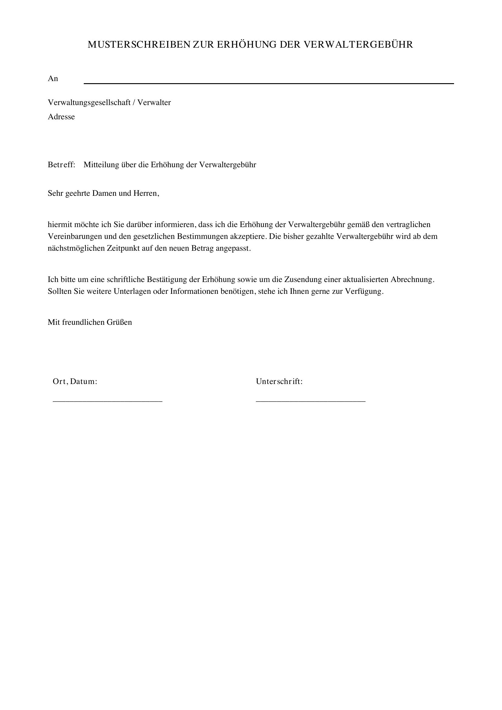 Musterschreiben Erhöhung Verwaltergebühr