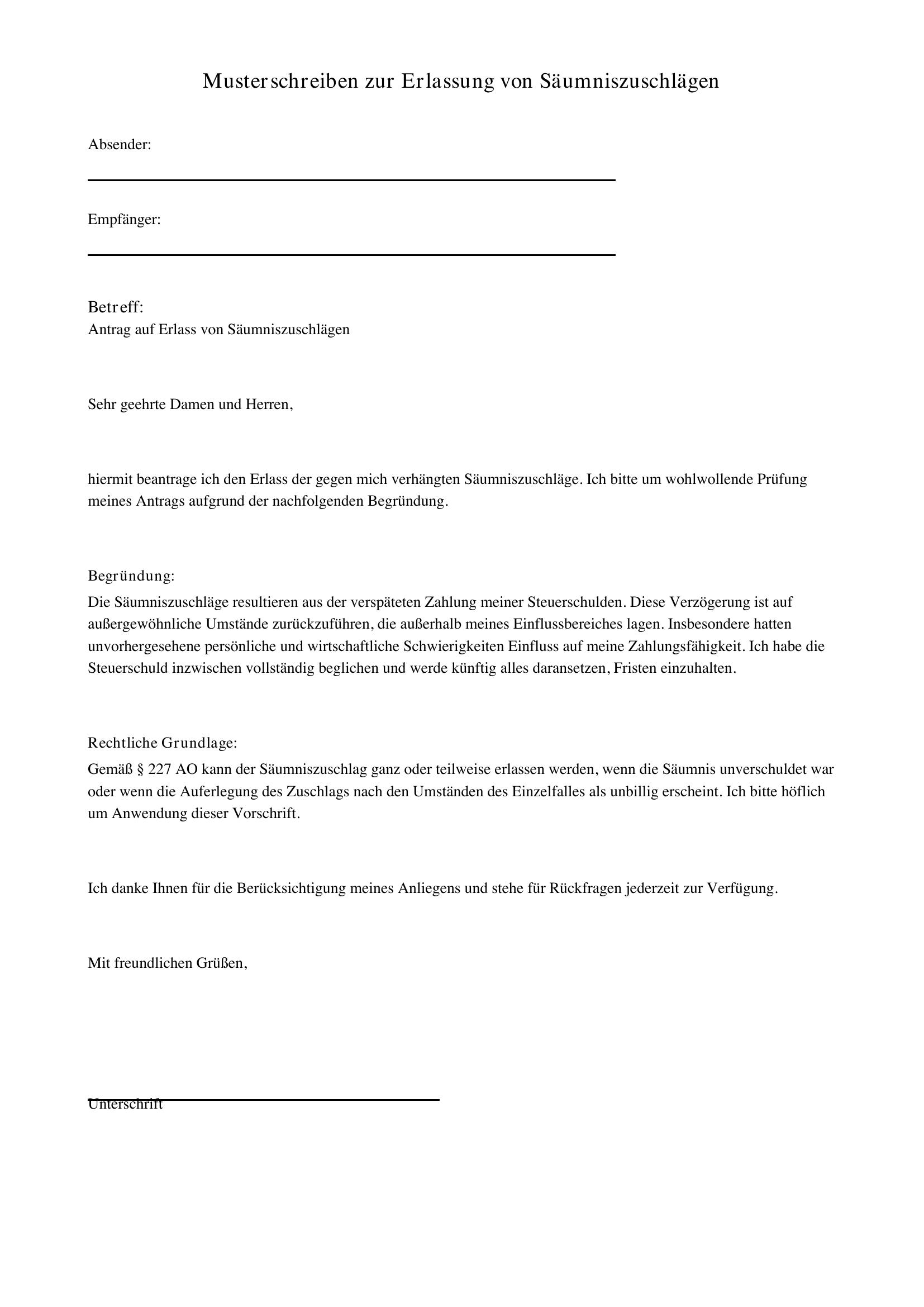 Musterschreiben Erlass Säumniszuschläge Finanzamt