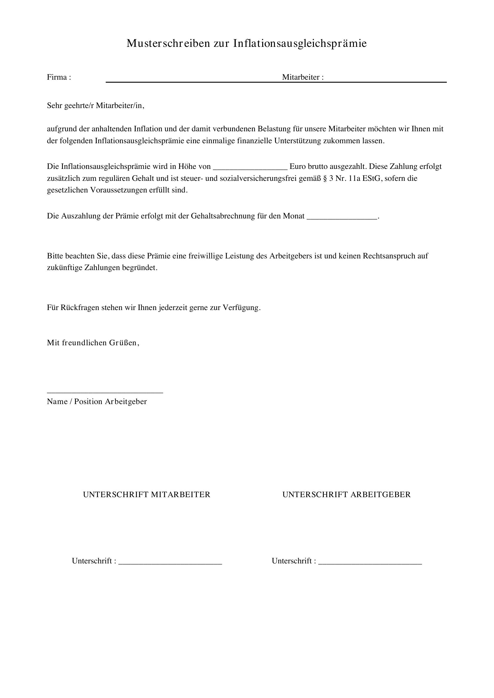 Musterschreiben Inflationsausgleichsprämie Mitarbeiter