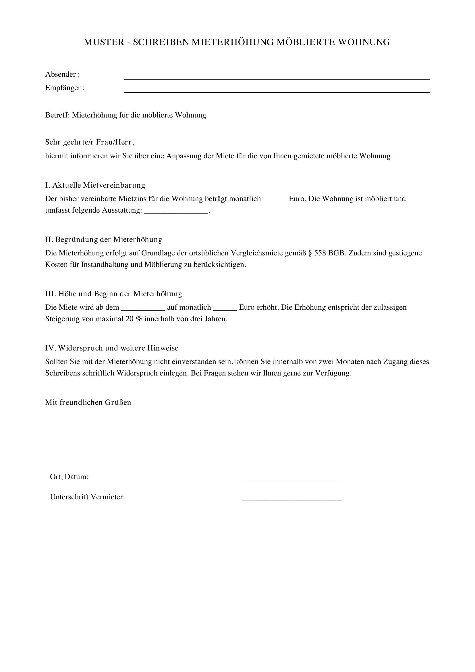 Musterschreiben Mieterhöhung Möblierte Wohnung
