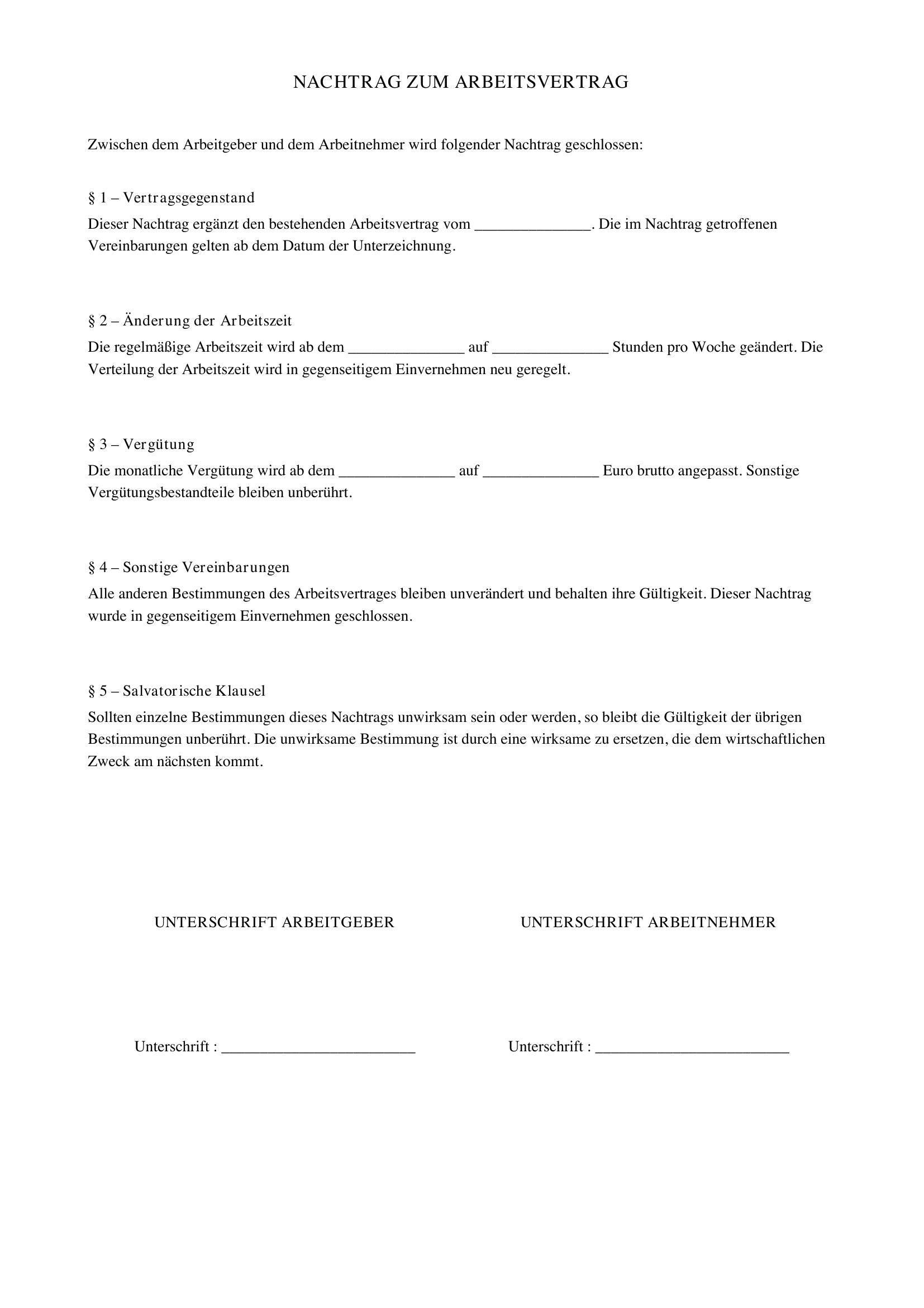Nachtrag Zum Arbeitsvertrag Vorlage
