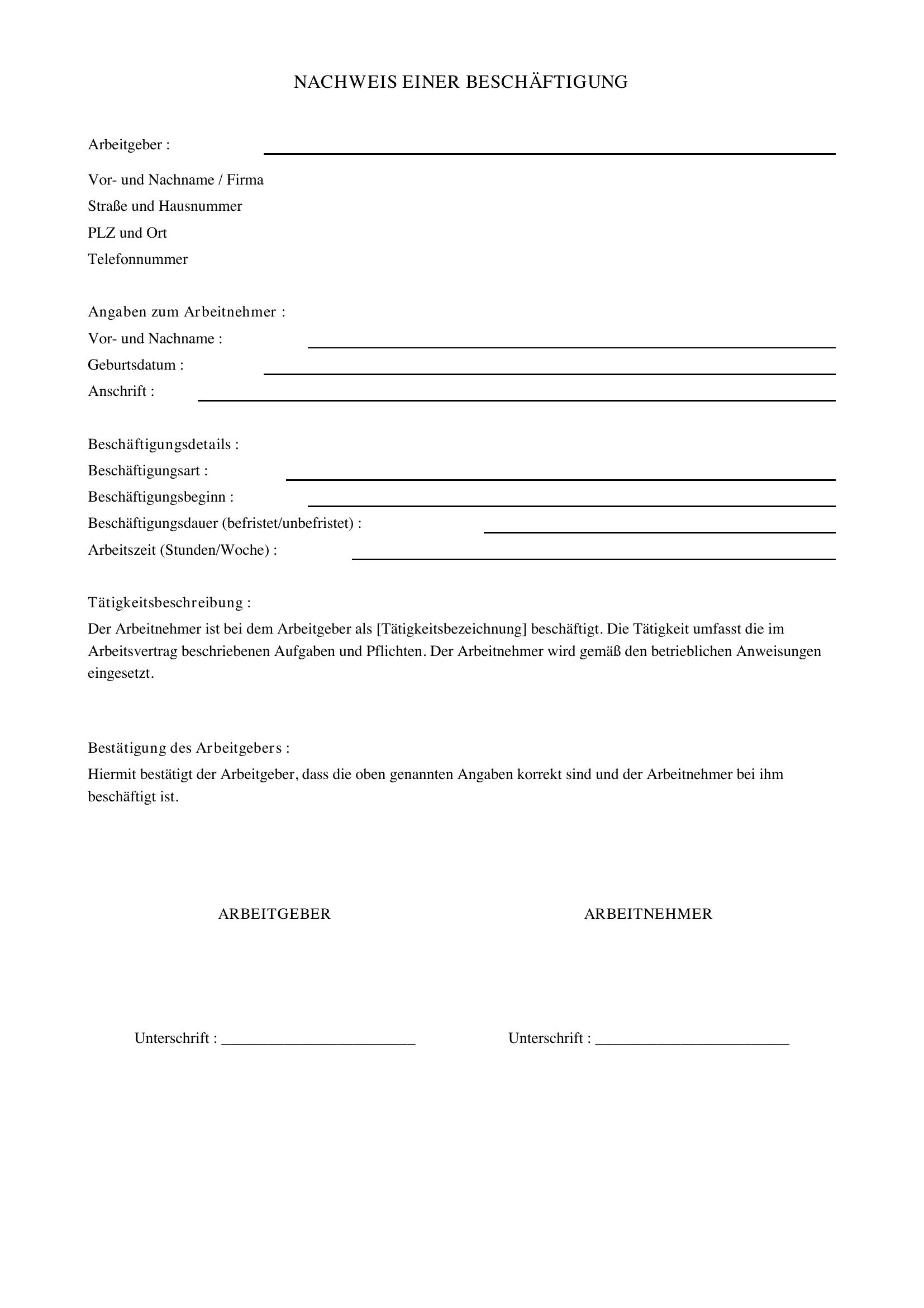 Nachweis Eines Arbeitsverhältnisses Vorlage