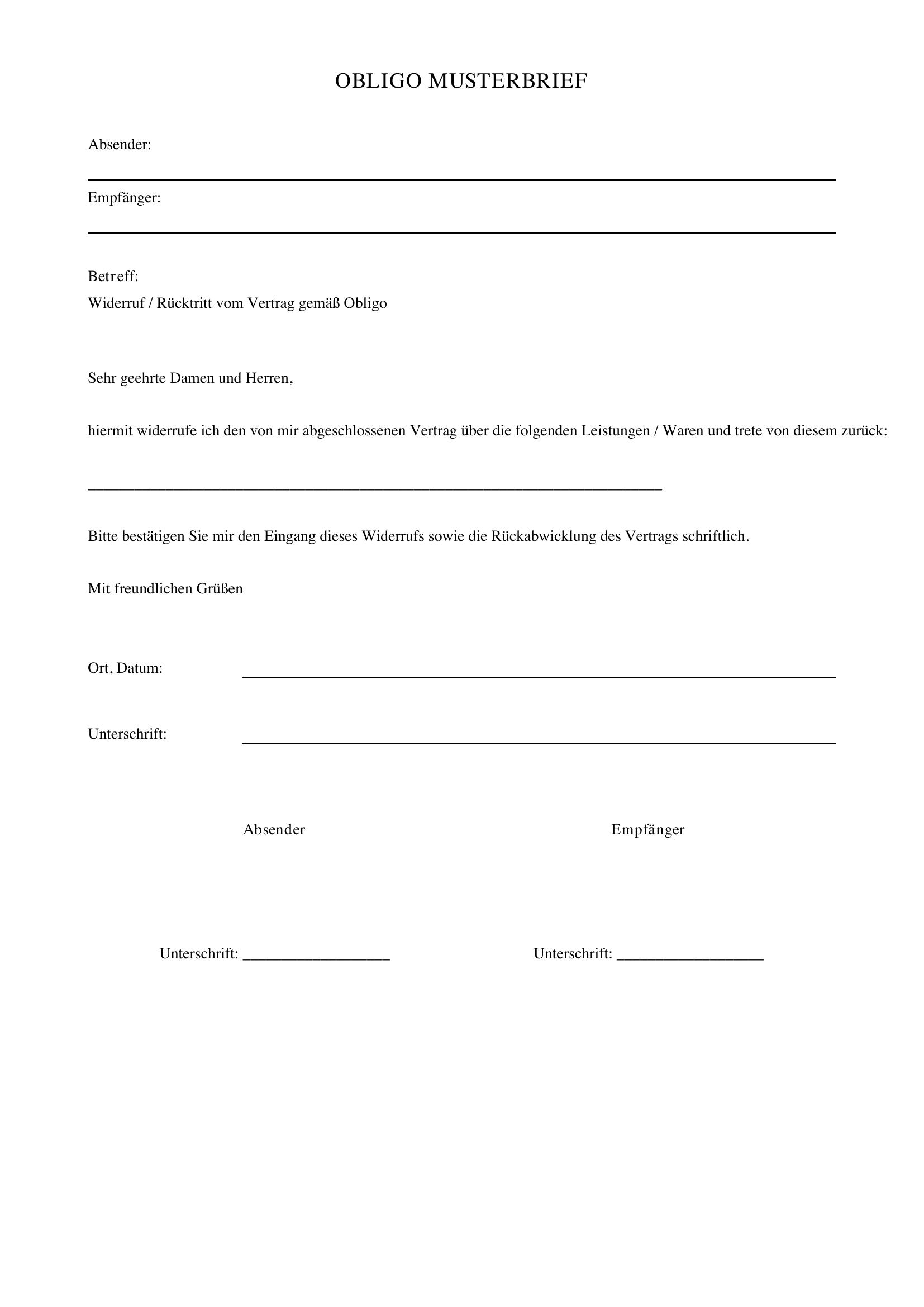 Obligo Musterbrief