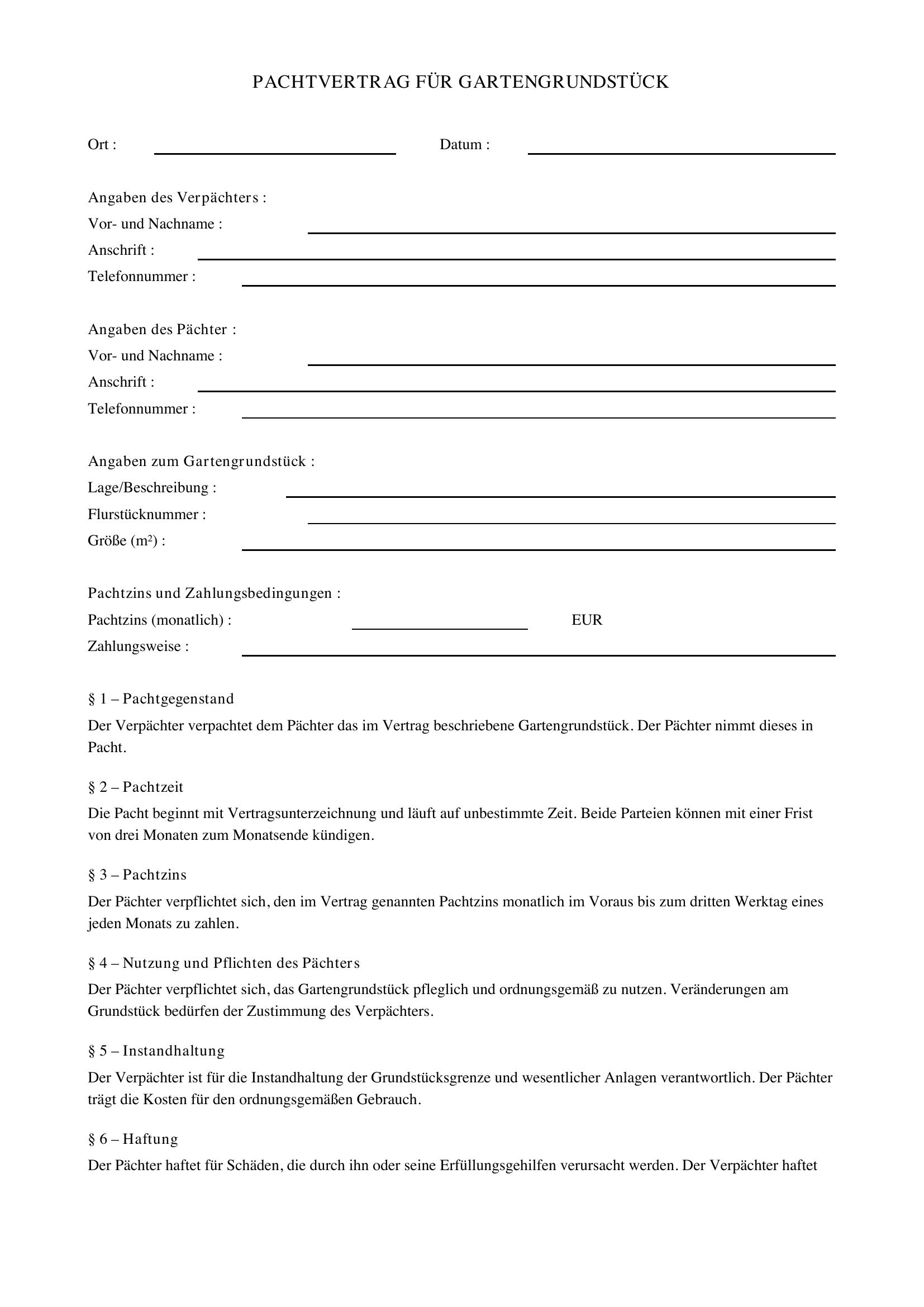Pachtvertrag Für Gartengrundstück