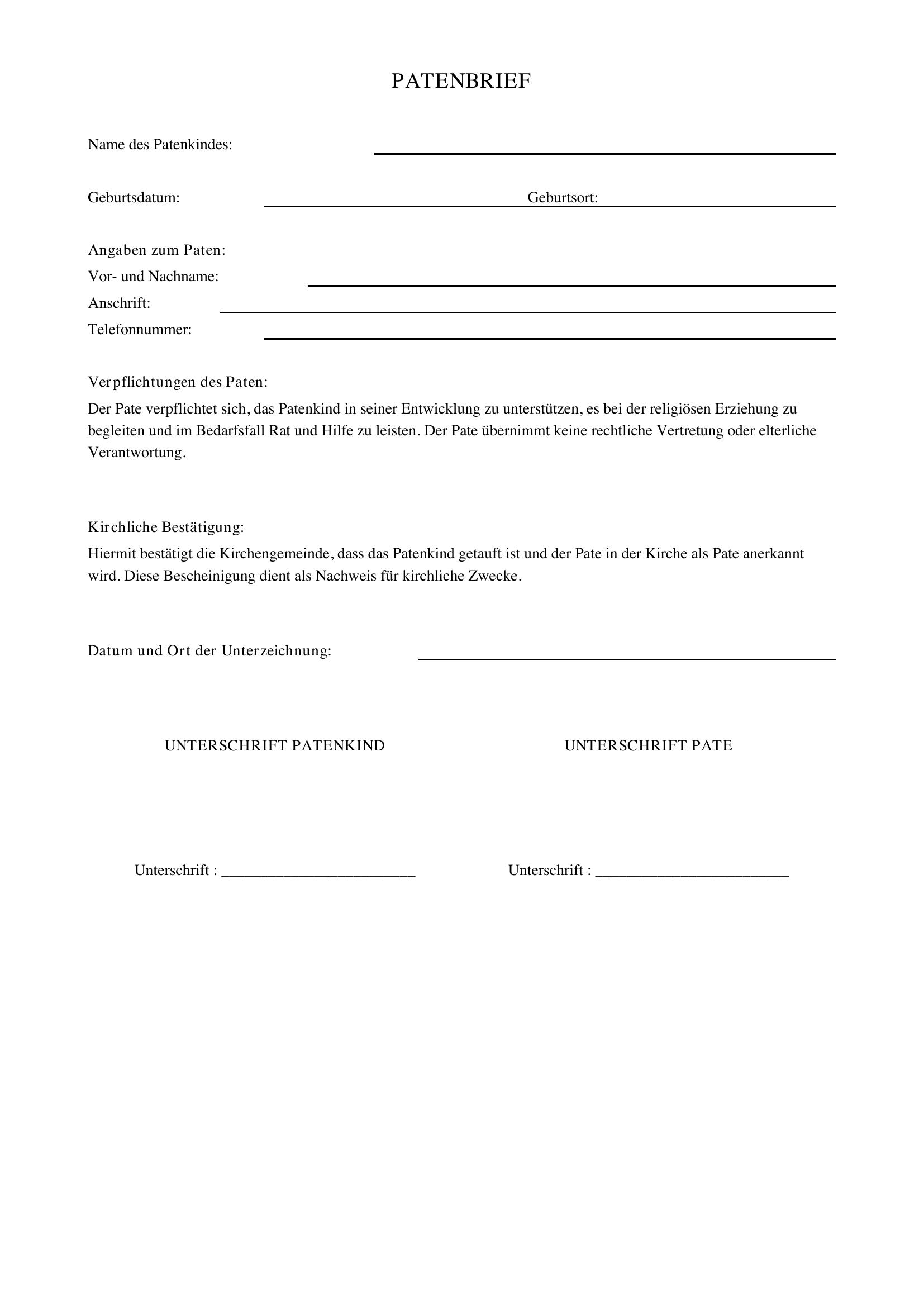Patenbrief Vorlage