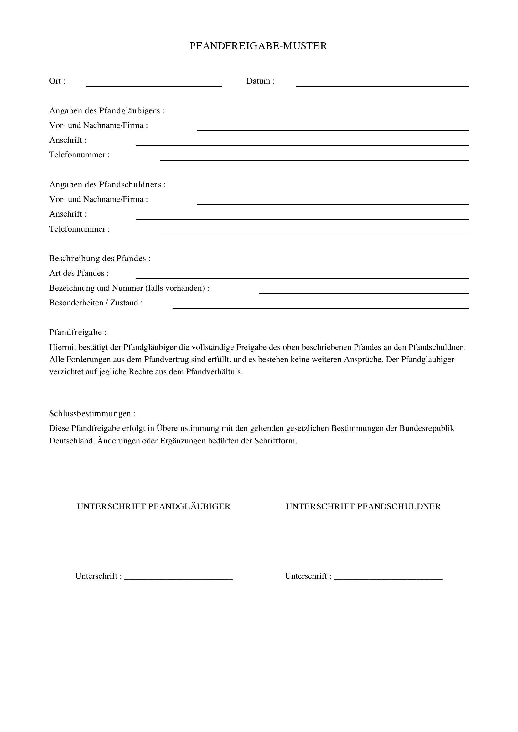 Pfandfreigabe Muster