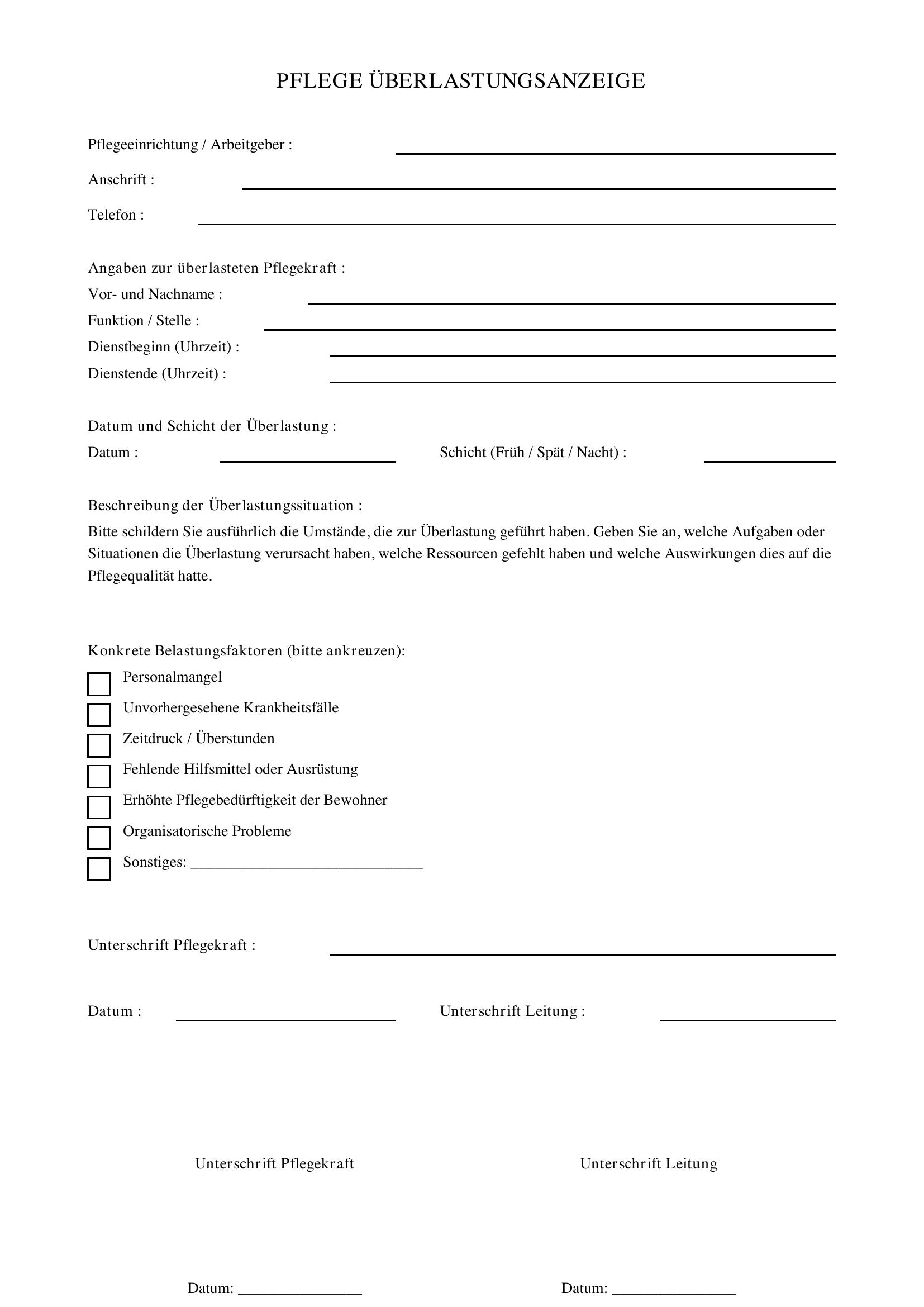 Pflege Überlastungsanzeige Formular Zum Ausdrucken