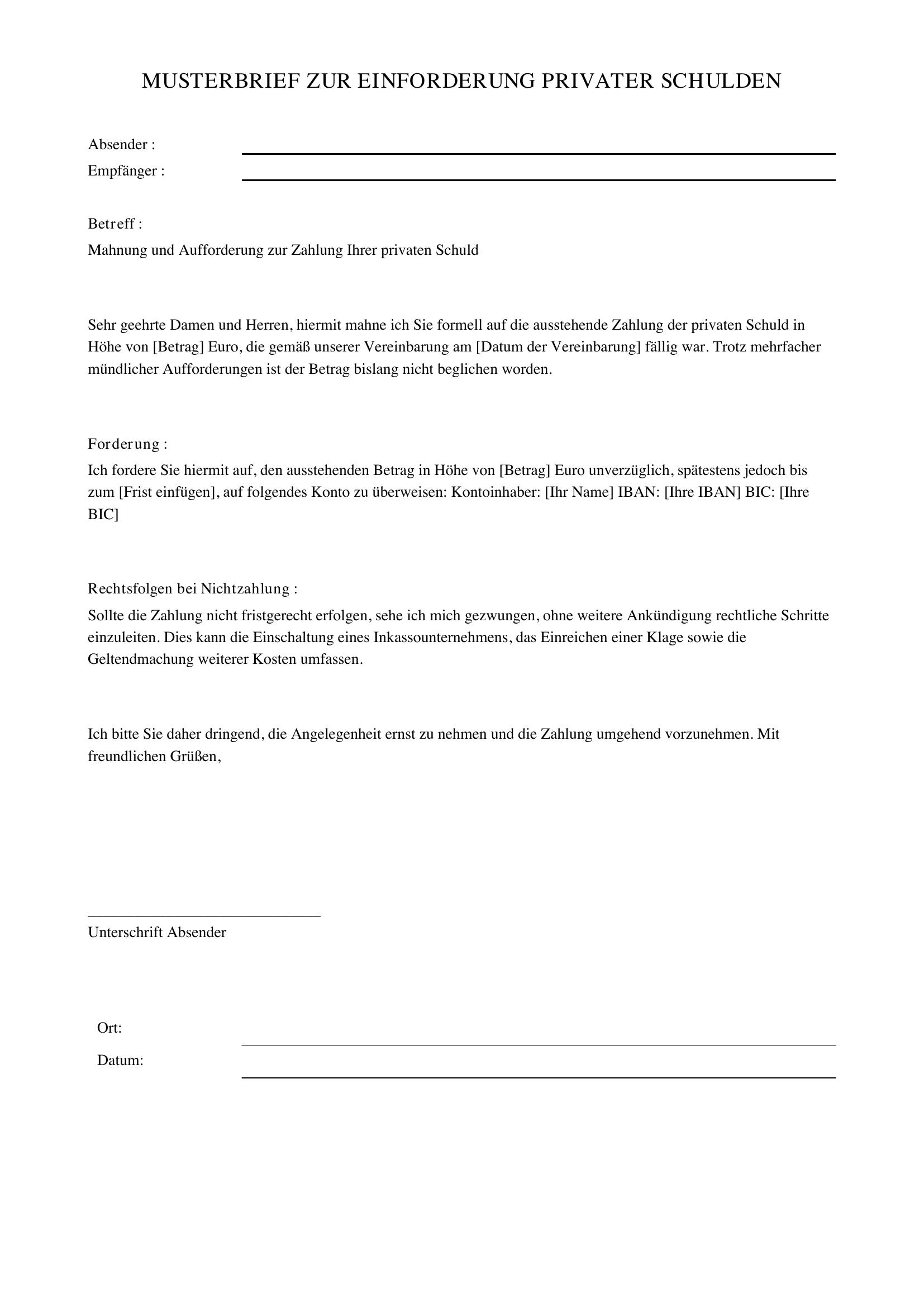 Privat Schulden Einfordern Musterbrief