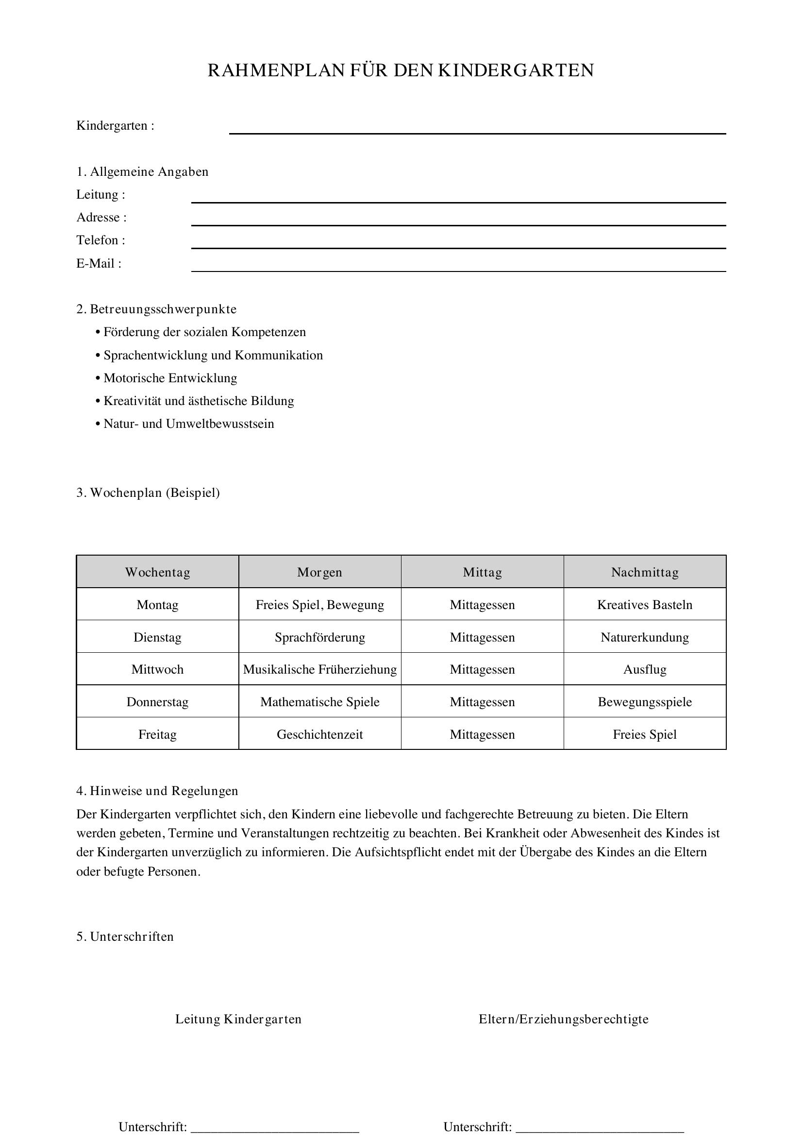 Rahmenplan Kindergarten Vorlage