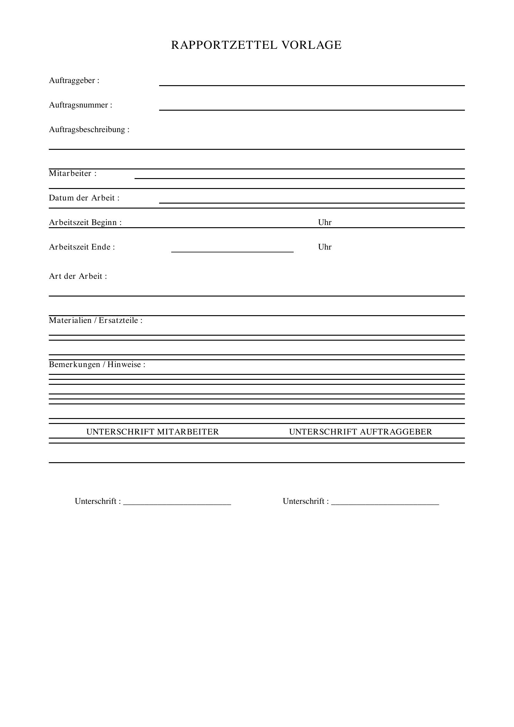 Rapportzettel Vorlage