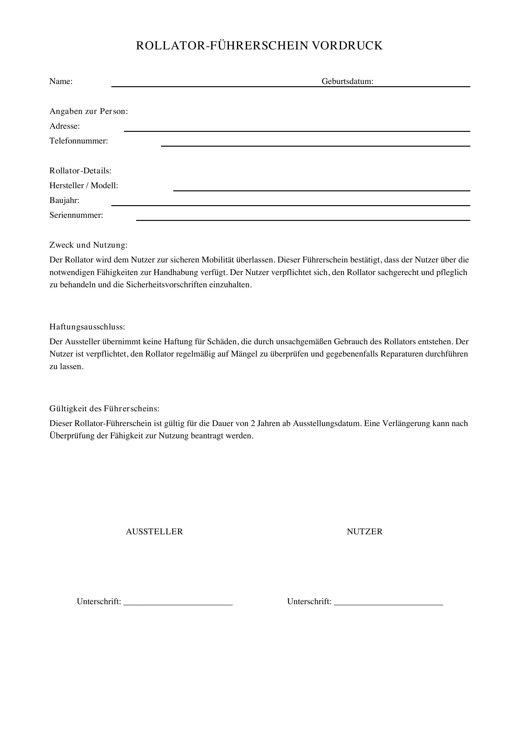 Rollator-Führerschein Vordruck