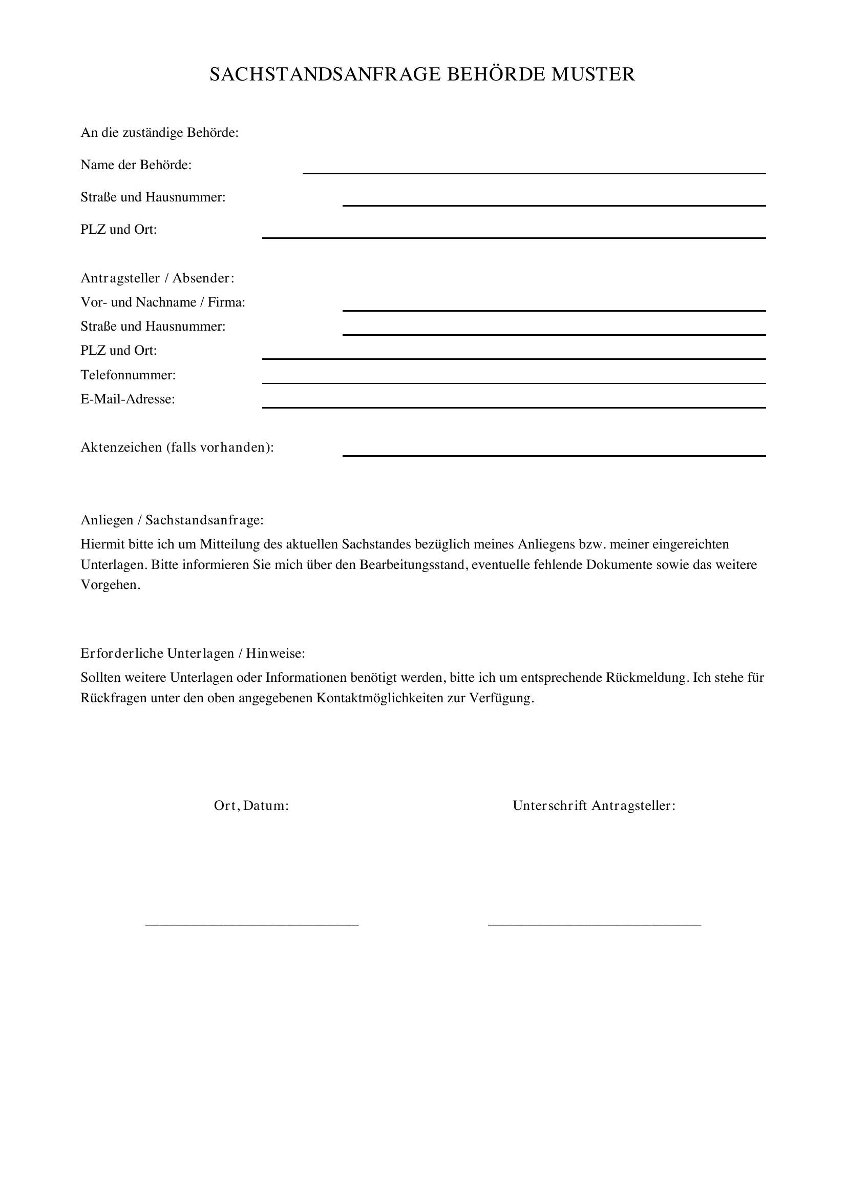 Sachstandsanfrage Behörde Muster
