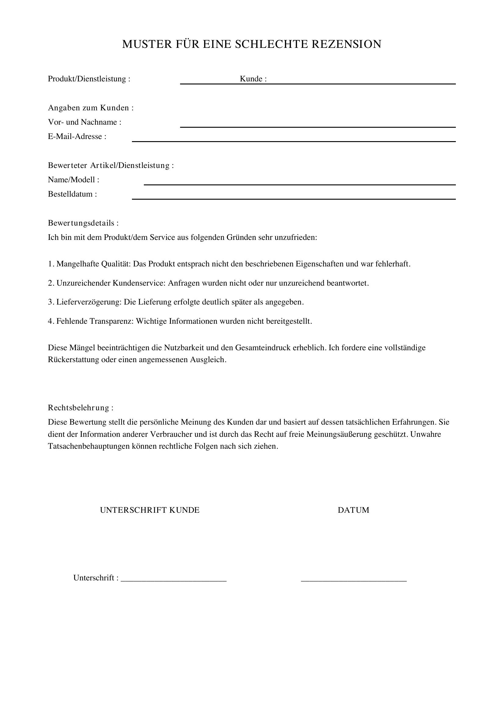 Schlechte Rezension Schreiben Beispiel