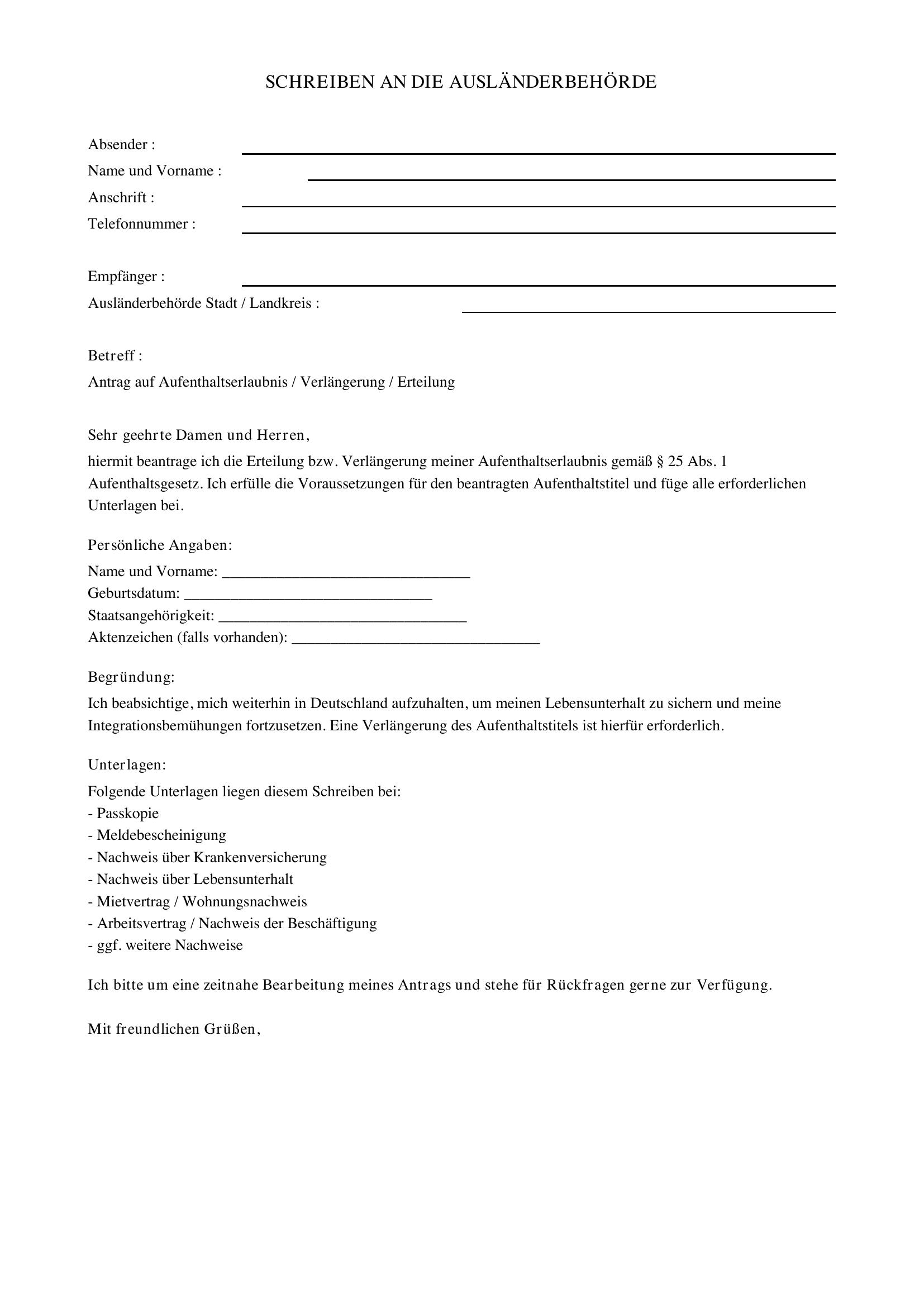 Schreiben An Ausländerbehörde Muster