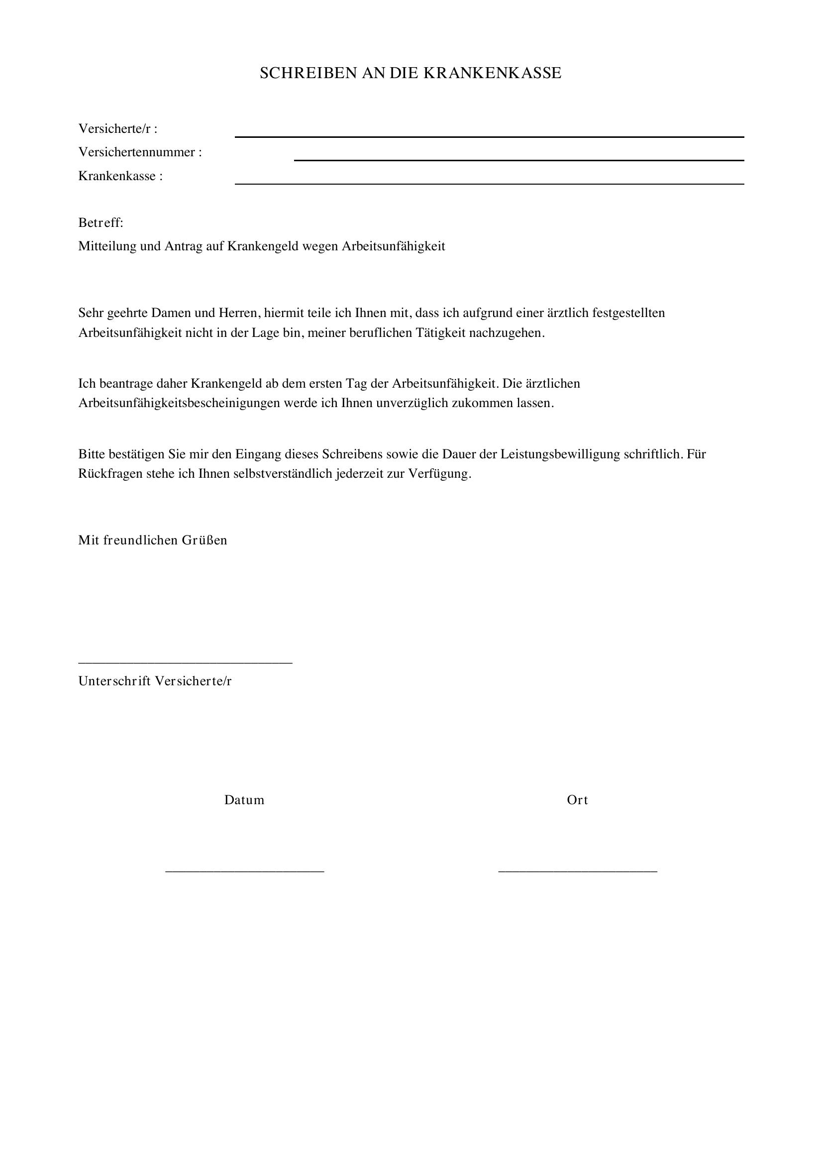 Schreiben An Krankenkasse Vorlage