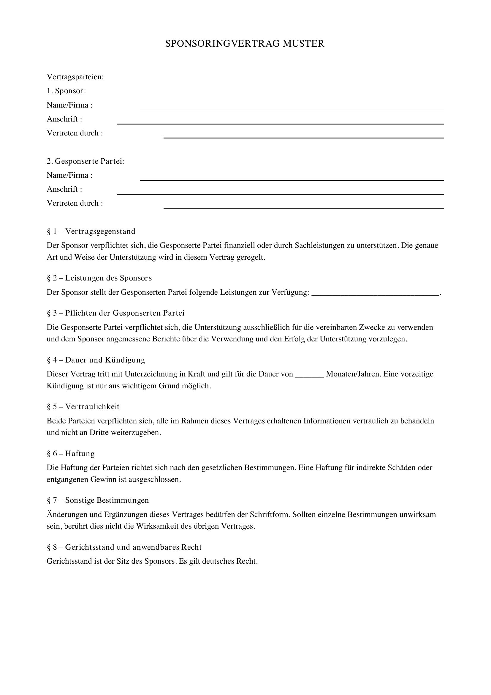 Sponsoringvertrag Muster