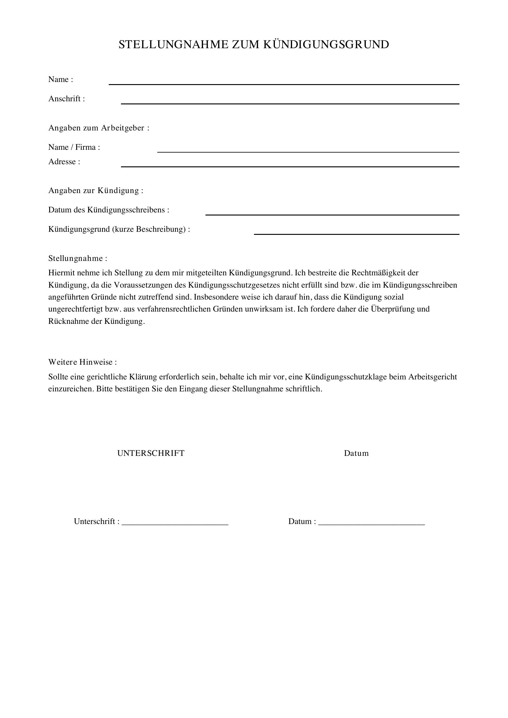 Stellungnahme Zum Kündigungsgrund Arbeitsamt