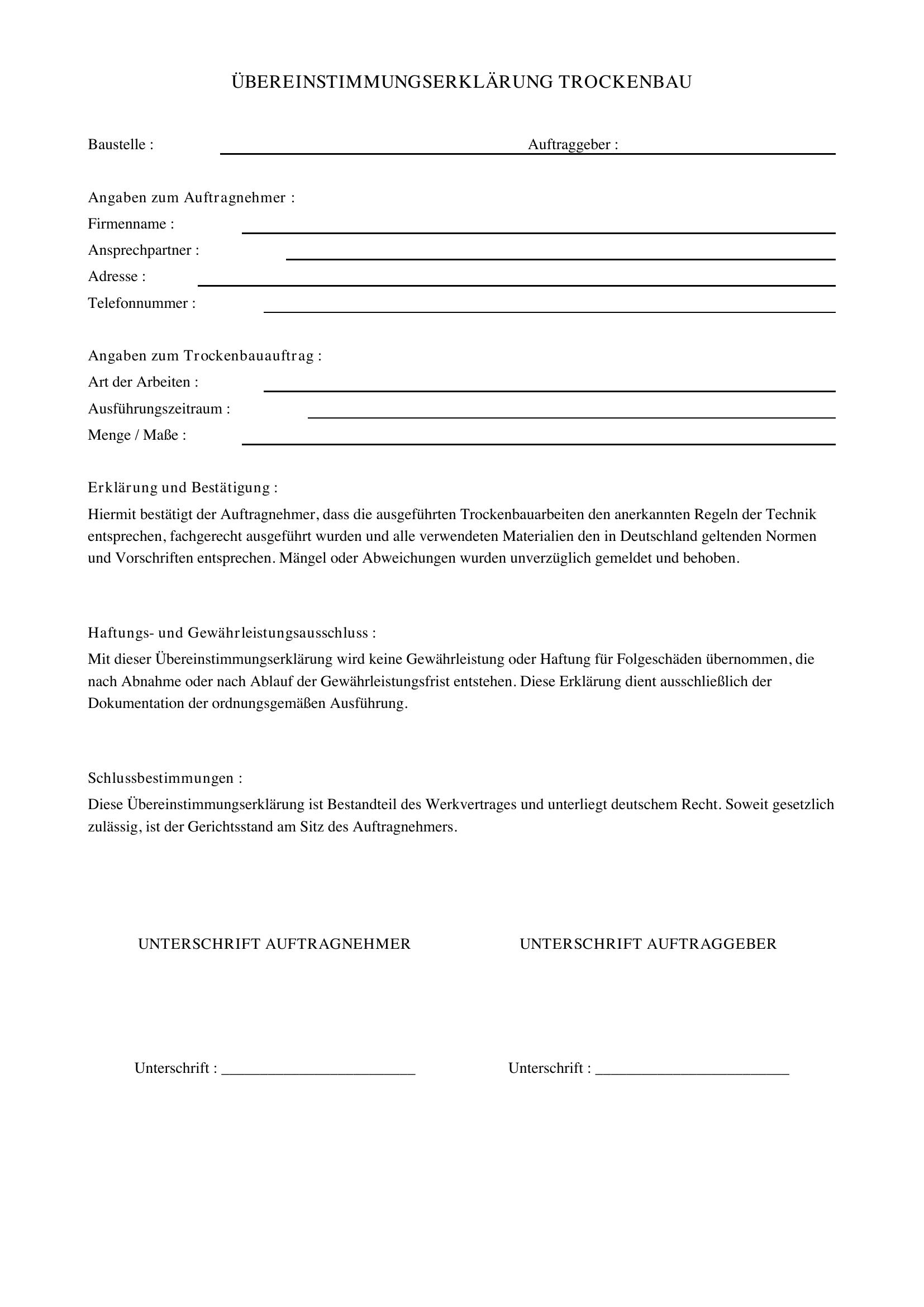 Übereinstimmungserklärung Trockenbau