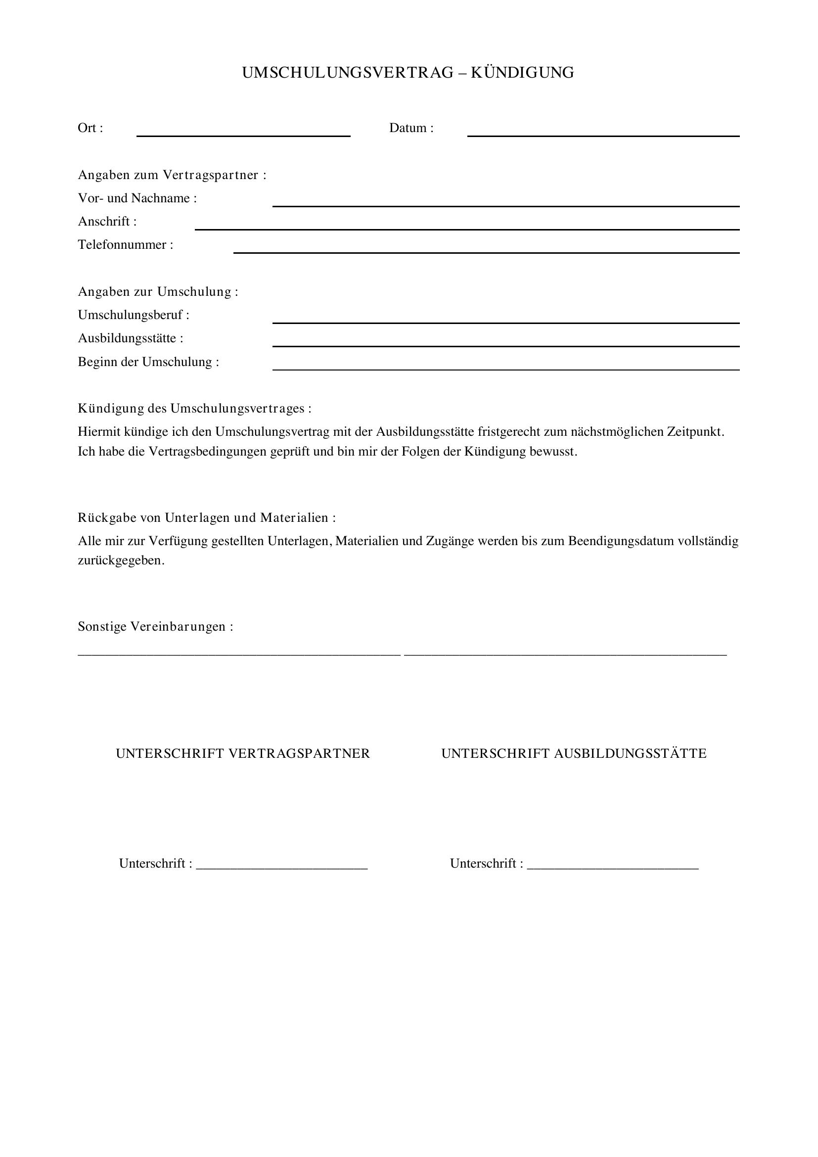 Umschulungsvertrag Kündigen