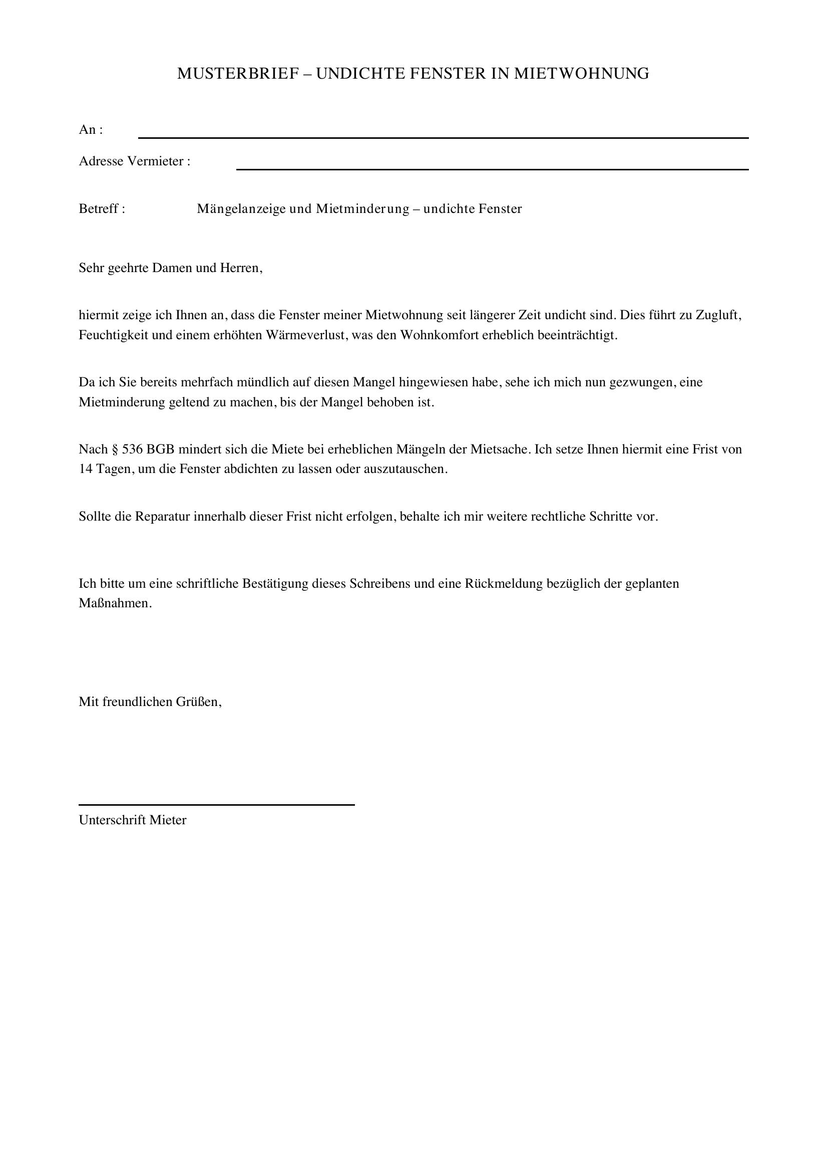 Undichte Fenster Mietwohnung Musterbrief