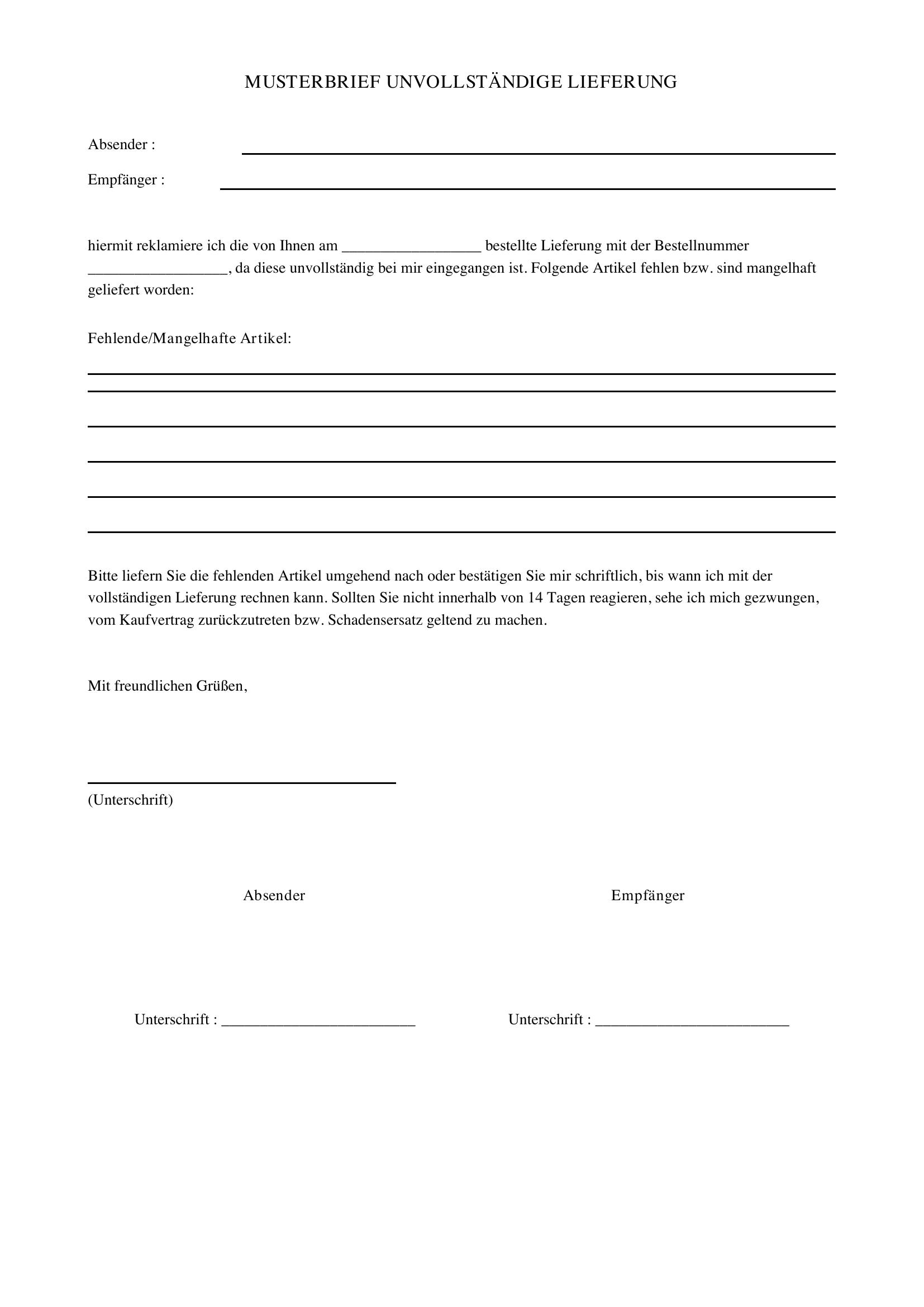 Unvollständige Lieferung Musterbrief