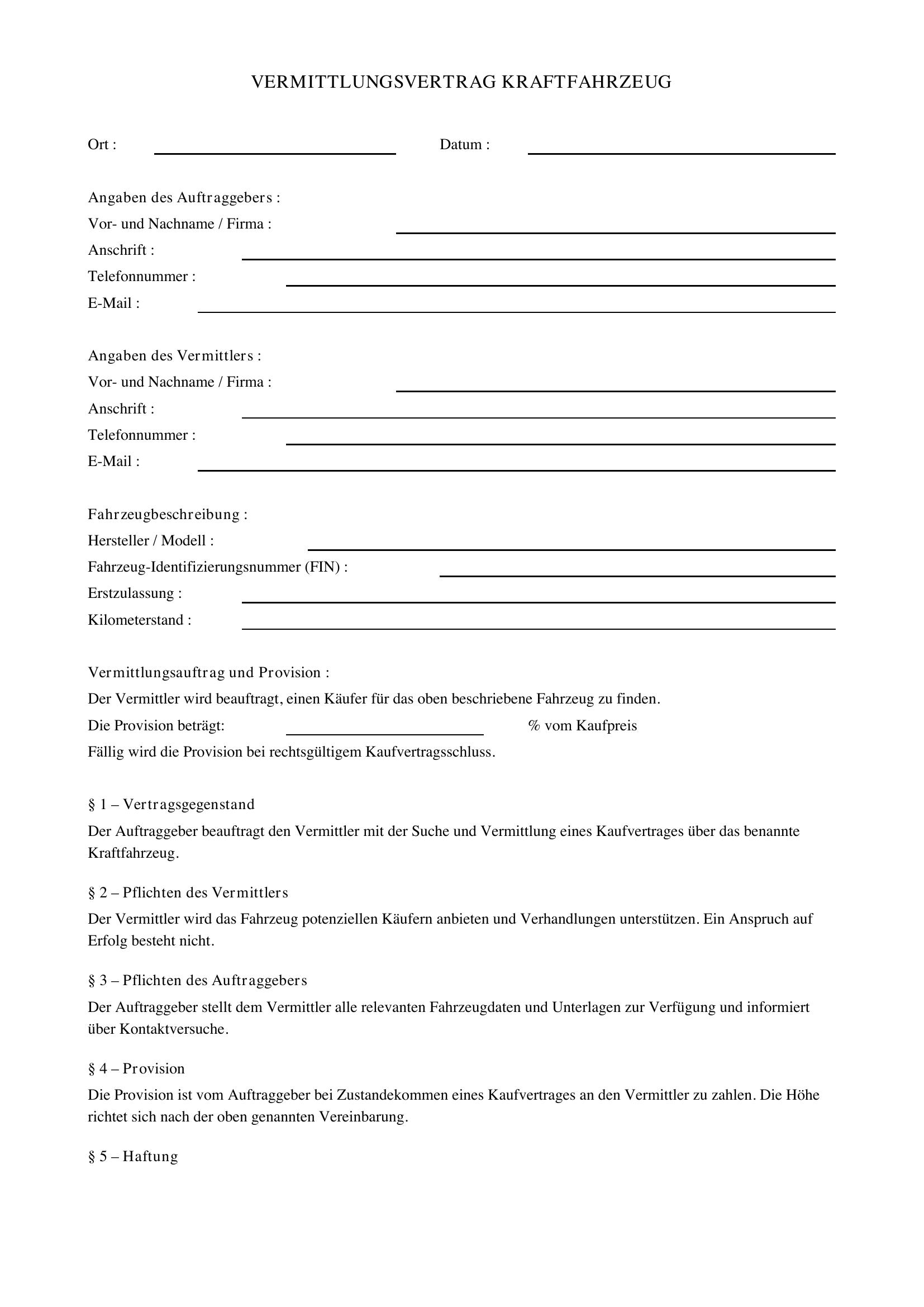 Vermittlungsvertrag Kfz Muster