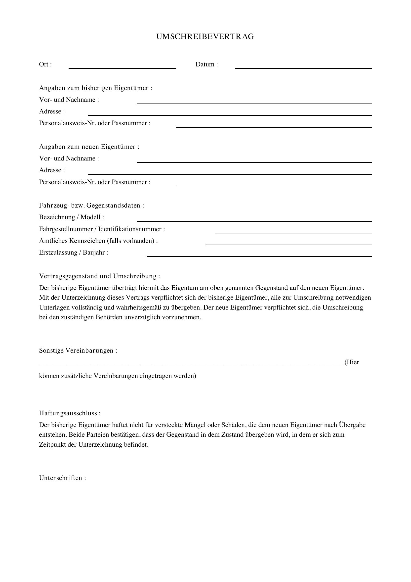 Vertragsumschreibung Muster