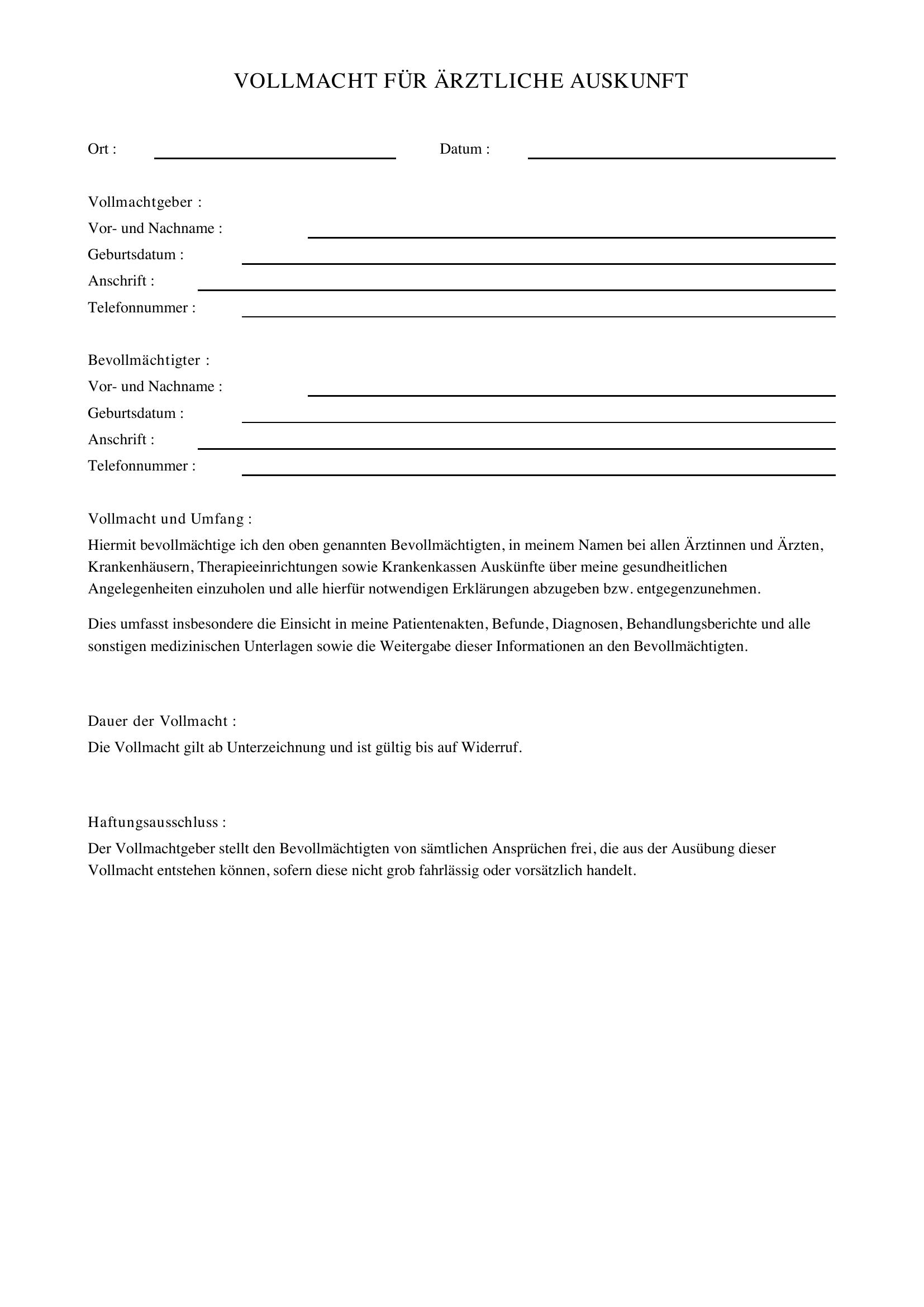 Vollmacht Für Ärztliche Auskunft