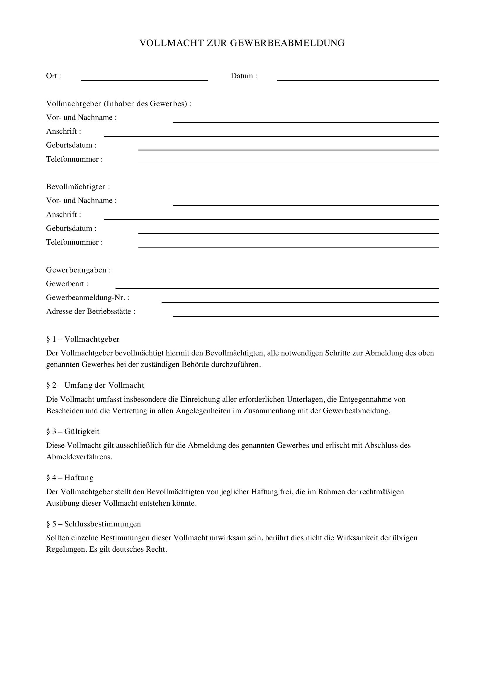 Vollmacht Gewerbeabmeldung