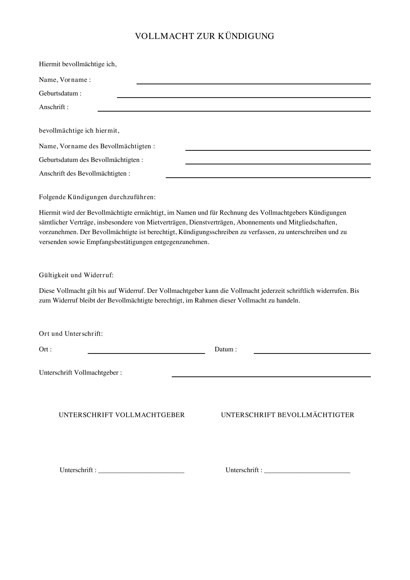Vollmacht Kündigung Vorlage