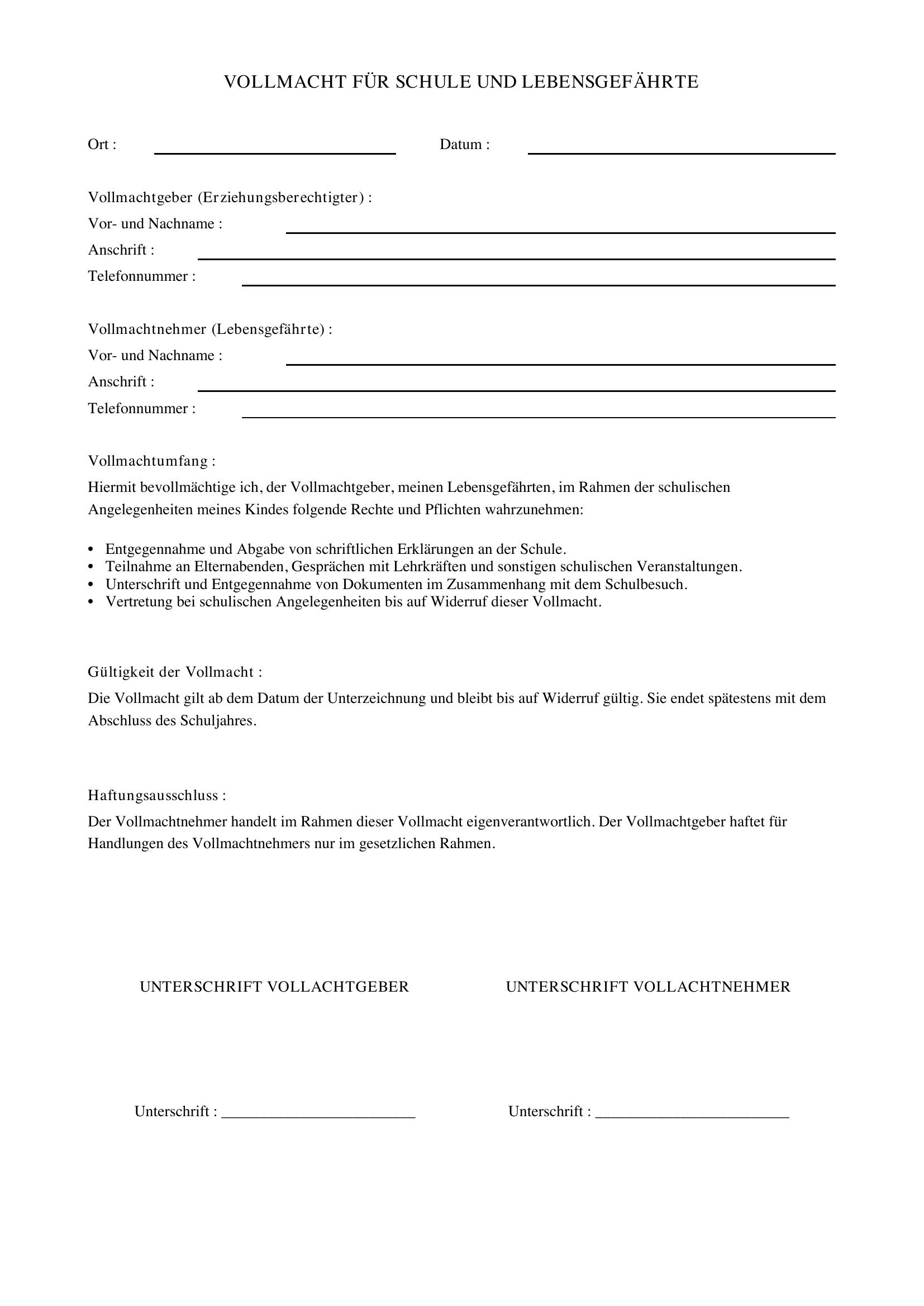 Vollmacht Schule Lebensgefährte Vorlage