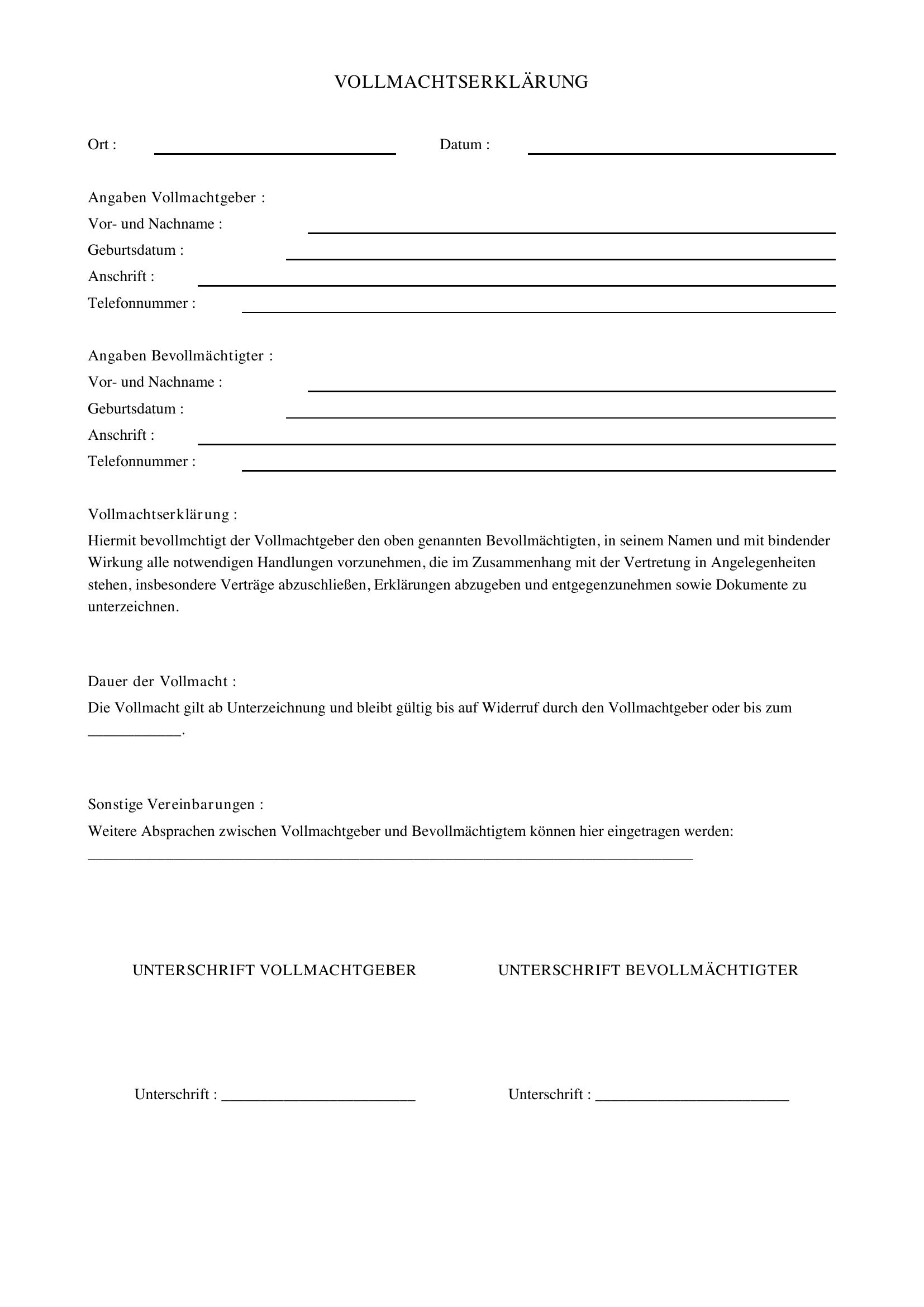 Vollmachtserklärung