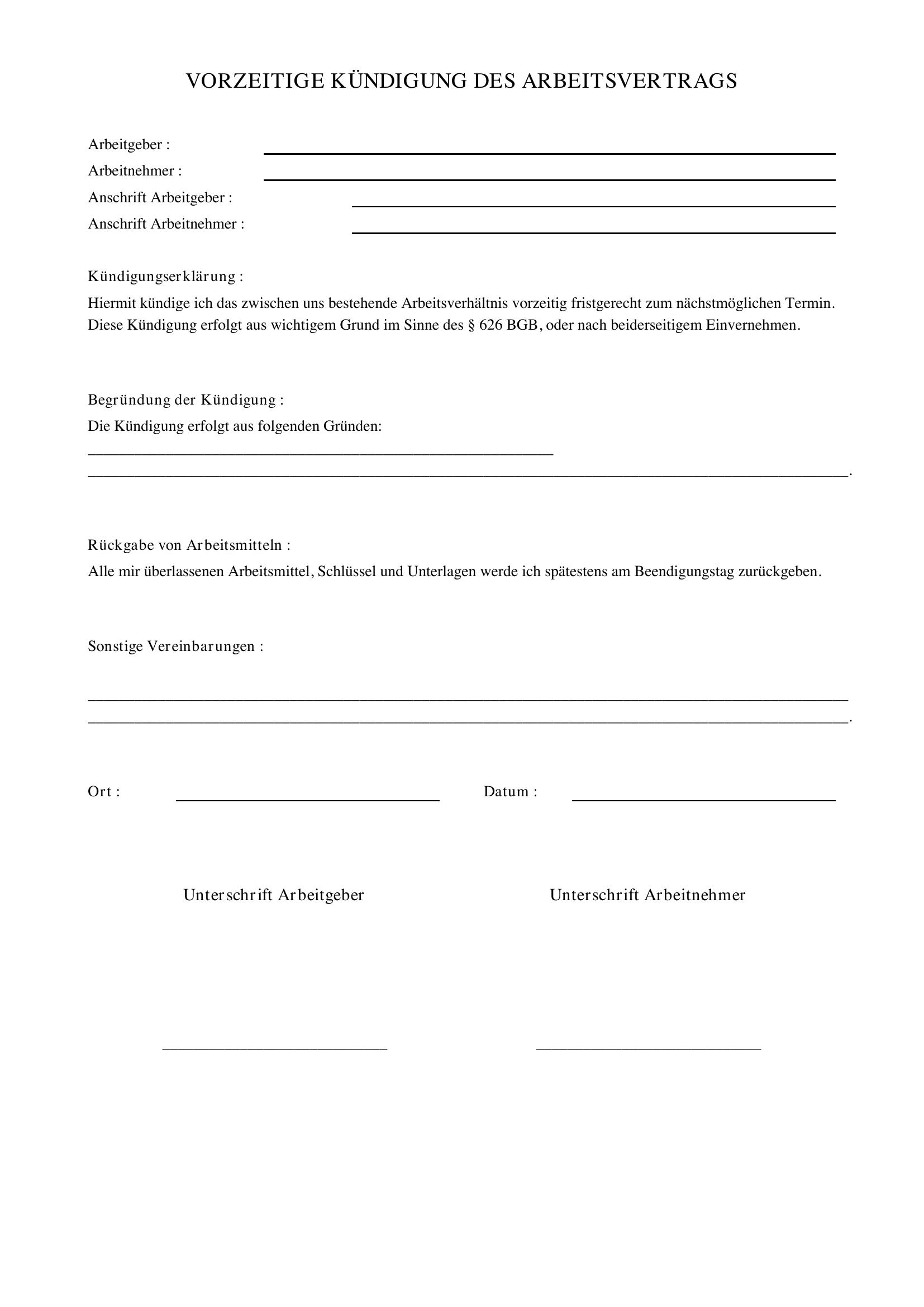 Vorzeitige Kündigung Arbeitsvertrag Vorlage