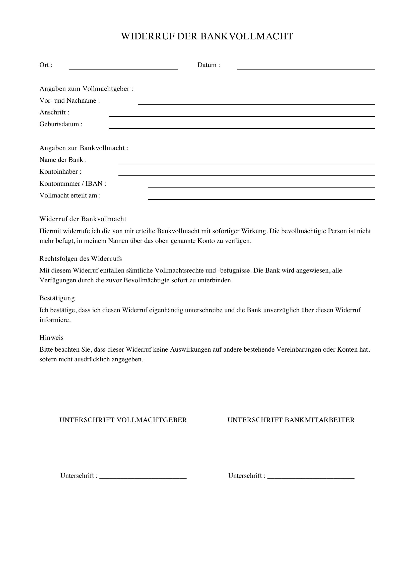 Widerruf Bankvollmacht Muster