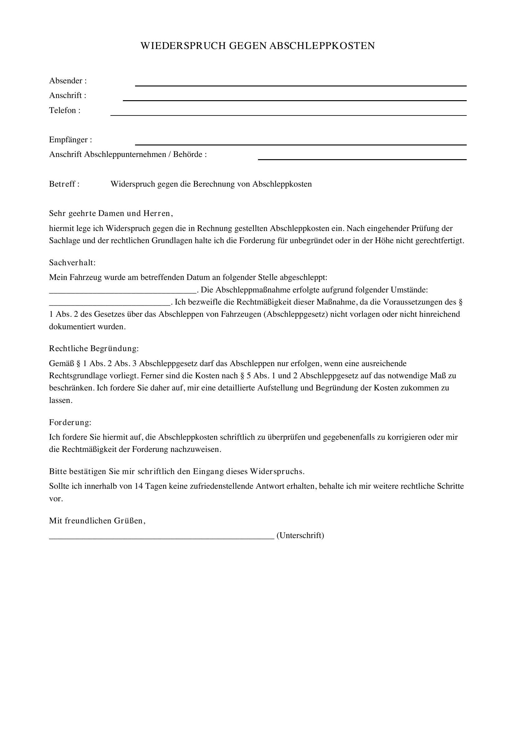 Widerspruch Abschleppkosten Muster