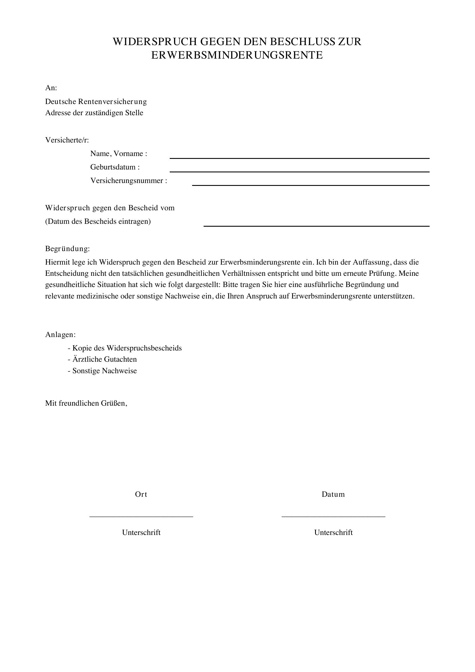Widerspruch Erwerbsminderungsrente Muster