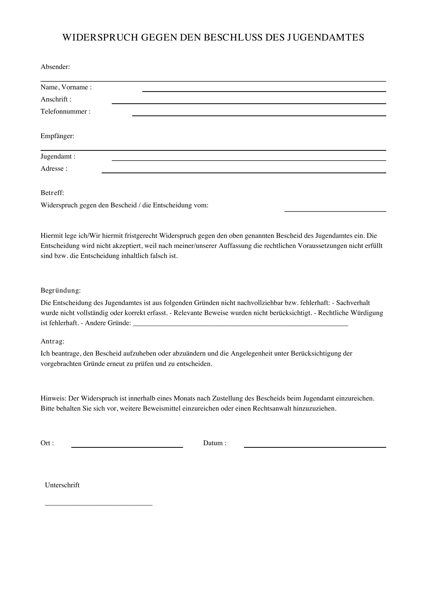 Widerspruch Jugendamt Muster