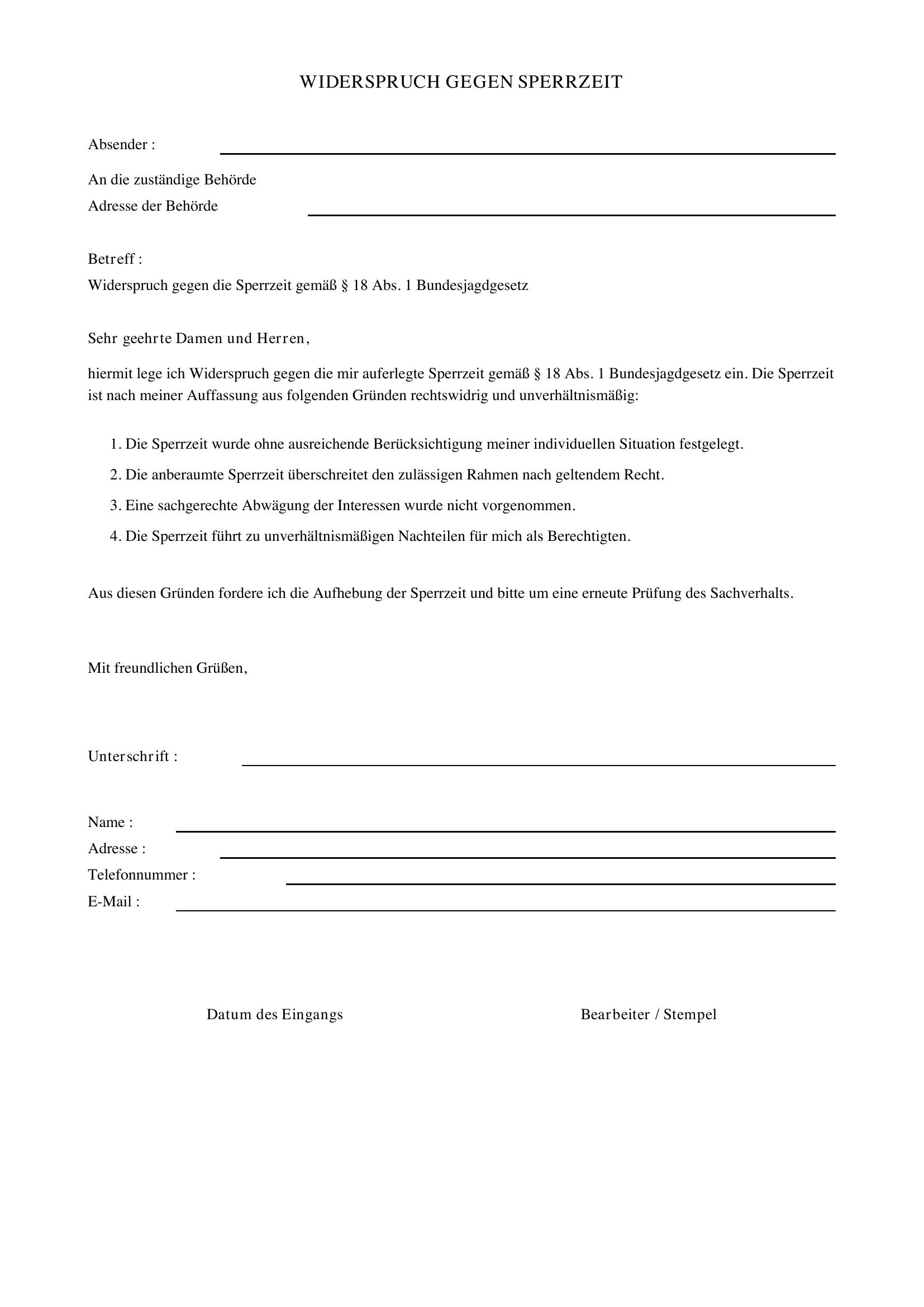 Widerspruch Sperrzeit Vorlage