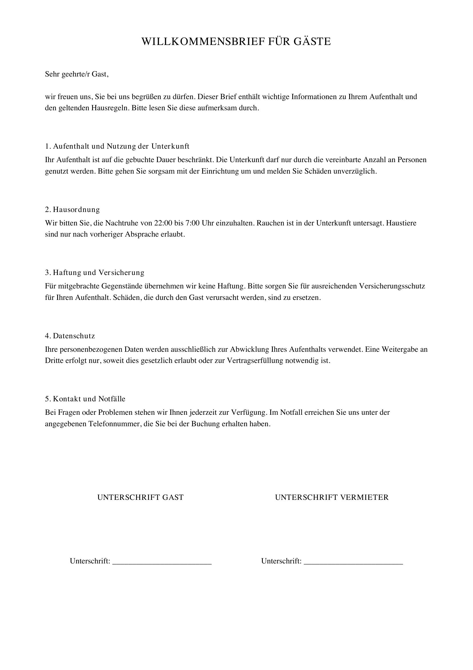 Willkommensbrief Für Gäste