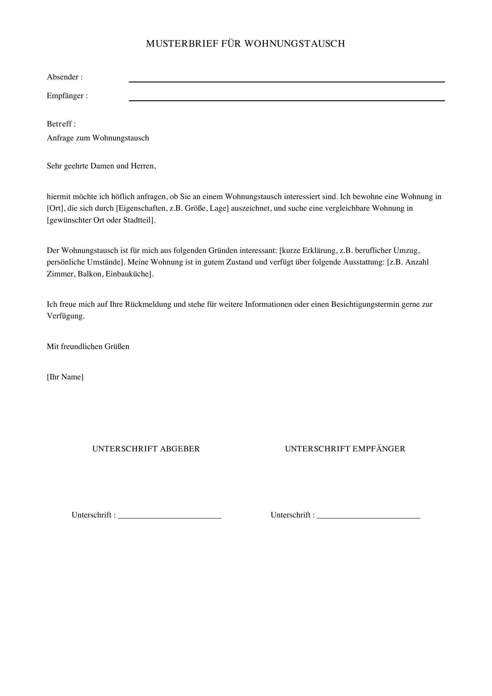 Wohnungstausch Musterbrief